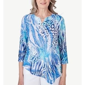 Alfred Dunner Paradise Island Collection Blue White Animal Print Blouse XL